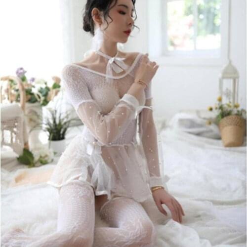 Sexy Lingerie Long-Sleeved Three-Dimensional Flower Decoration, Hollow Uniform Temptation Womens Short Skirt Pajamas Mesh Suit