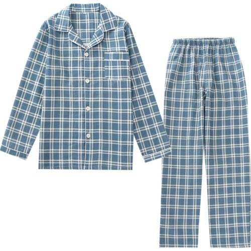 Mens Plaid Pajama Suit 100% Cotton Gauze Thin Casual Pijama Set Long Sleeves Long Trousers Mens Pyjama Autumn Men Sleepwear