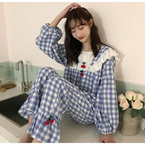Sweet Lolita Style Square Collar Plaid Pajamas Suits Princess Cute Cotton Sleepwear Autumn Women Loose 2Piece/Set Home Clothes