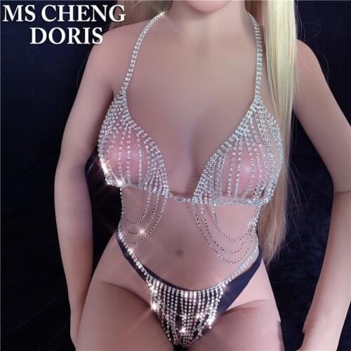 Dropship Tassel Rhinestone Body Chain Bra and Thong for Women Bling Sexy Bikini Set Crystal Cover Up Harness Jewelry Nightclub