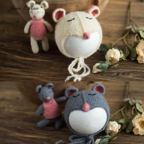 Jane Z Ann Newborn photography props mouse year gift knitted handmade hat +doll twins studio shooting accessories