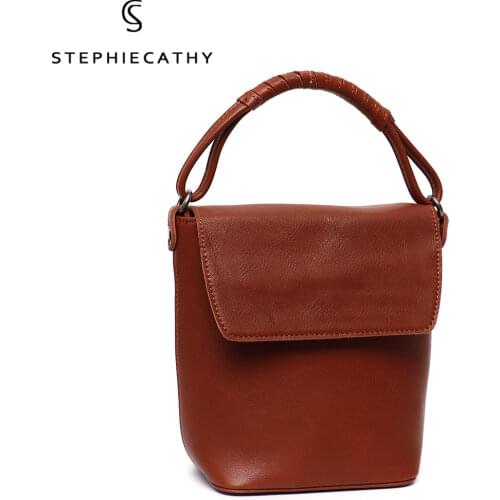 SC 2021 Brand Design Genuine Leather Shoulder Handbags For Women Vintage Casual Flap Bucket Bags Ladies Luxury Crossbody Purses