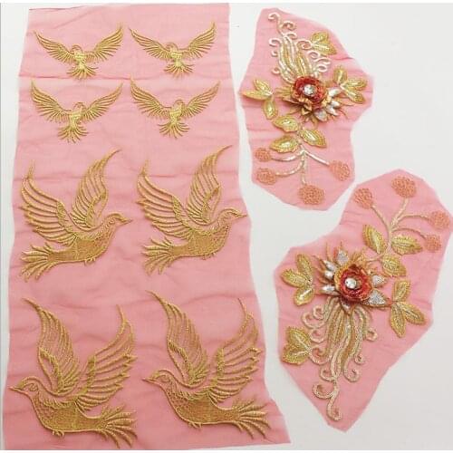 Mesh bottom gold thread bird peony cloth paste Phoenix three-dimensional embroidery applique clothing Accessories