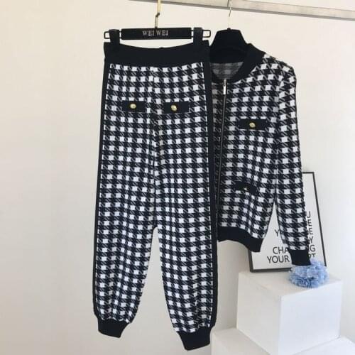 Wo Piece Set Sweatshirts Suit Knitted Tracksuit Houndstooth 2 Piece Set 2021 Autumn Womens Zipper Cardigan Coats + Plaid Pants