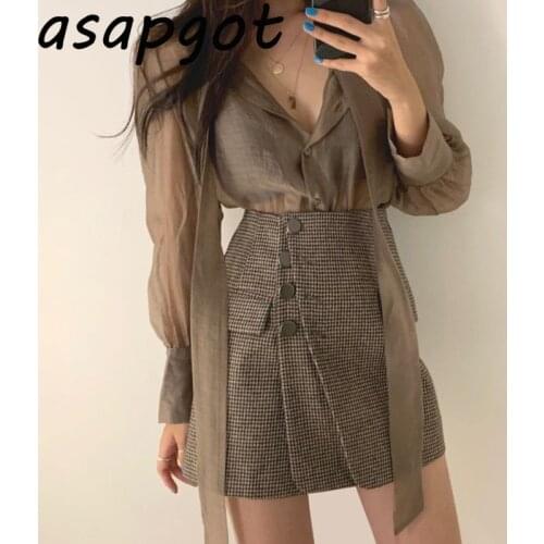 Chic Retro Temperament Single-breasted Long Sleeve Lace Up Turn Down Collar Blouse Women Side Button High Waist Plaid Skirt