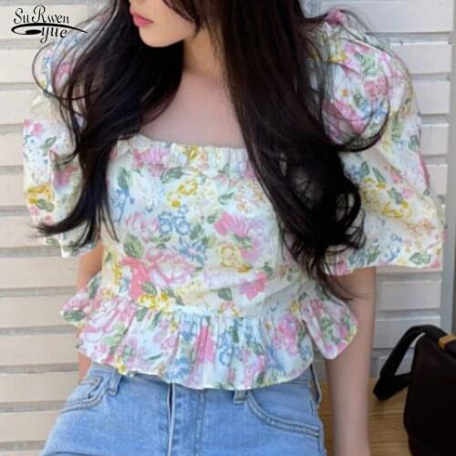2021 Ruffles Loose Tops Vinatge Square Collar Blouses Korean Summer Puff Sleeve Printed Womens Shirt Blusas Mujer De Moda 14666