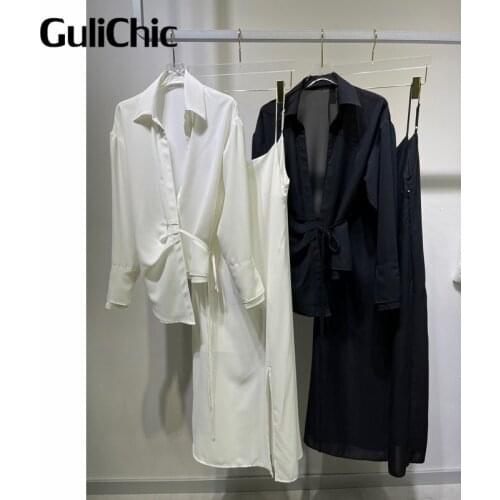 9.2 GuliChic High Quality Women Solid Color Lace-Up Shirt Blouse + Adjustable Suspender Split Dress Temperament Two Piece Set