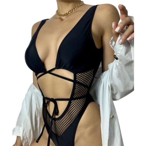 Xingqing Women Cutout One Piece Monokini Swimsuits V Neck Hollow Plaid Tie Up Open Back Bathing Suit Monokini Women Swimsuit