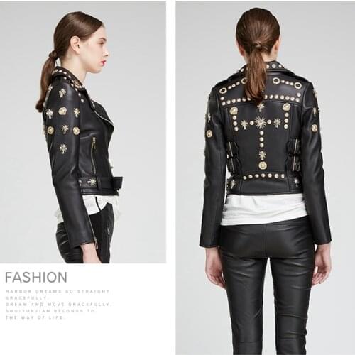 Woman Coats 100% Sheepskin Leather Rivet 2020 Fashion Real Sheepskin Leather Coat Female Motorcycle Genuine Leather Overcoat