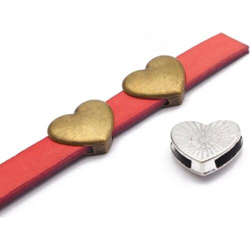 10pcs Bronze Heart Charms Flat Slider Beads Spacer For 10*2mm Flat Leather Cord Jewelry Making Accessories