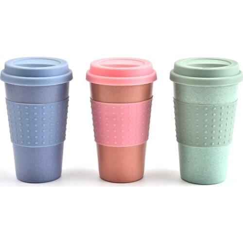 60pcs Wheat Straw Fiber Coffee Cup with Silicone Lid High Temperature Resistance Lightweight Portable Car Tumbler WB59
