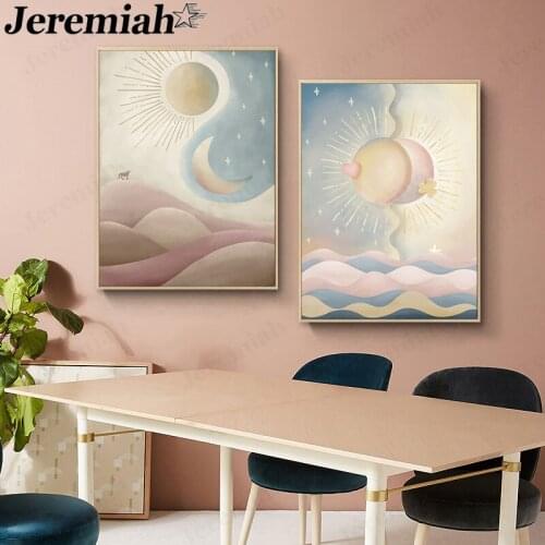 Abstract Sun and Moon Canvas Painting Pink Blue Ocean Wave Sky Poster Wall Art Picture Print Nordic Room Home Decoration Gift