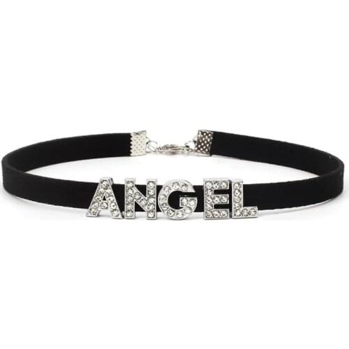 ANIWON/Handmade Letter Pendant Choker Women Fashion Rhinestone Queen Peace Letter Necklace Black Sexy Clavicular Chain