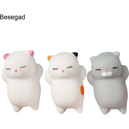 Besegad 3PCS/Lot TPR Cute Mochi Funny Kawaii Soft Cartoon Cat Kat Phone Starp Squishy Squeeze Toy for Relieves Stress Anxiety