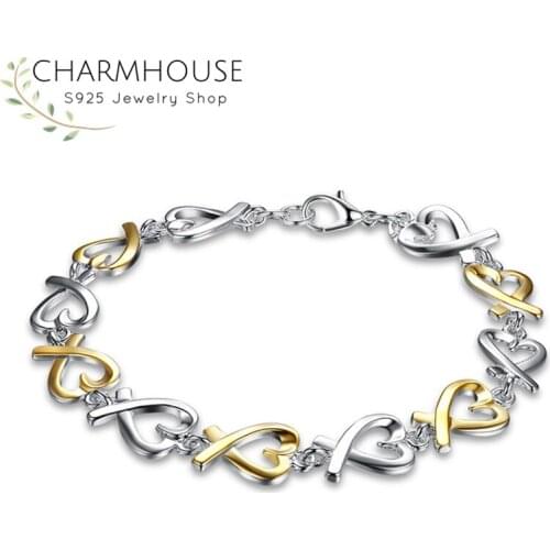 Charmhouse Pure Silver 925 Bracelets For Women Gold/Silver Color Heart Chain Bangle Bracelet Wristband Wedding Bridal Jewelry