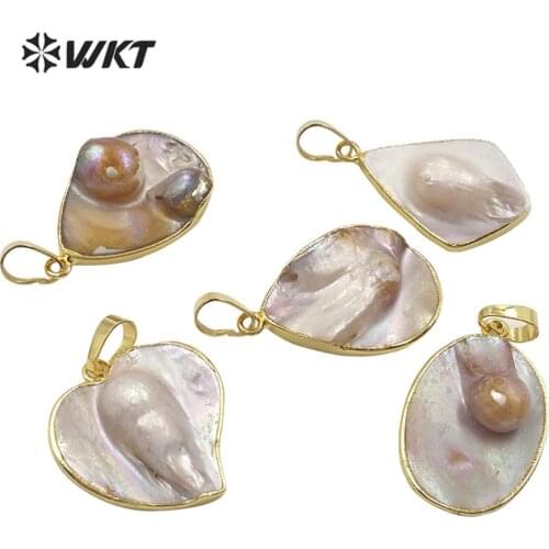 WT-JP191 WKT Mother Of Pearl Pendant Heart,Oval,Water Drop Shaped Pendant Gold Electroplated Fashion Pendant Jewelry Finding