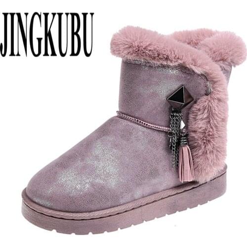 JINGKUBU 2019 NEW Women Boots Round Dots Ribbon Butterfly Snow Winter Boots Women Shoes Thicken Cotton Fur Boots Warm Shoes A501