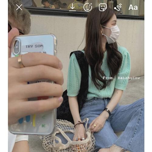 Green Knitted Cardigan Womens Spring and Autumn New Korean Style Short Striped Short-sleeved Shirt