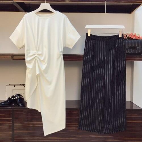 2021 Summer New Womens Suits Chic Design Shirring Asymmetric Long Tshirt Dress With Striped Wide leg Pants Two piece set Female