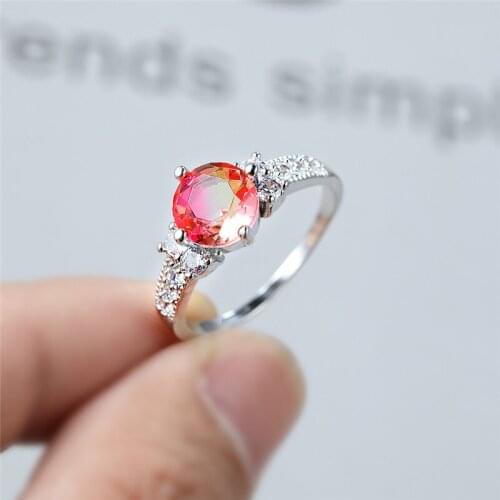 Creative Pink Yellow Round Zircon Wedding Rings For Women Dainty Jewelry Female Vintage Fashion Rainbow Stone Ring Luxury Gifts