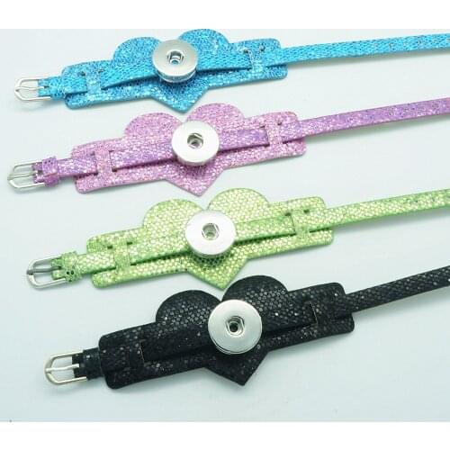 Fashion Shinning Sequins heart leather bracelets snap bracelets 18cm watchband fit 18mm snap buttons wholesale SE0093