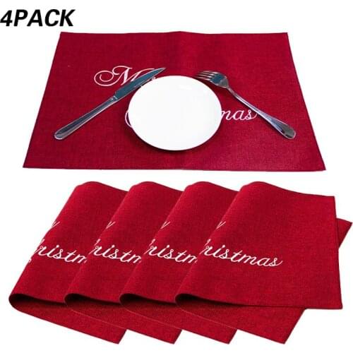 4Pcs/Set Fashion Linen Christmas Red Dinning Table Placemats Anti-slip Heat Insulated Kitchen Dinner Desk Mats Home Supplies