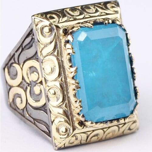 Handmade Mens Silver Sky Blue Paraiba Tourmaline Ring,18 K gold plated Man 925 Silver Ring, Rectangular Ring