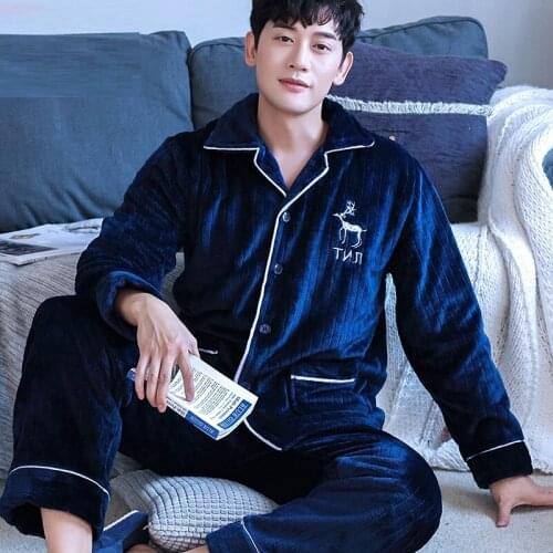 H5895 Men Pajamas Set Thickened Flannel Winter Nightgown Coral Velvet Homewear Long Sleeve Plush Large Size Leisure Nightwear