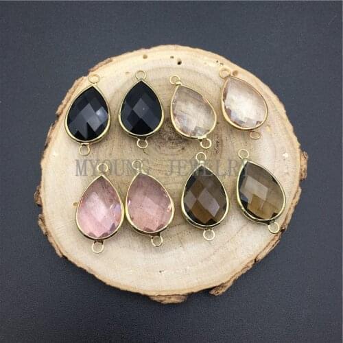 MY0917 Faceted Teardrop Shape Glass Connector Pendant Charm Bezel Gold Edge and Bail