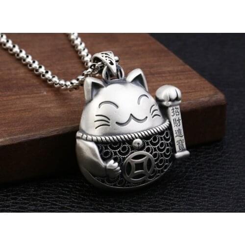 999 Sterling Silver lucky cat pendant charm men women jewelry A5039