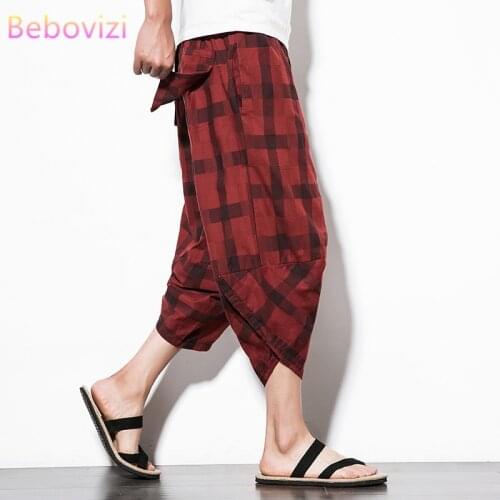 Plus Size M-5XL 2021 Red Black White Check Summer Casual Chinese Style Cotton Loose Harem Pants for Men Japan Kimono Bloomers