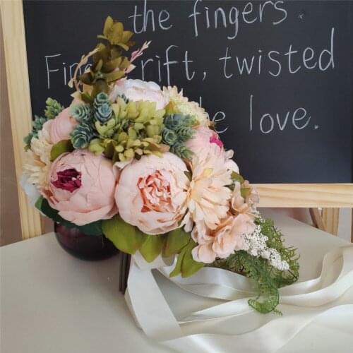 SESTHFAR Artificial Bridal Bouquet Waterfall Style Peony Bouquet Green Leaves Teardrop Wedding Bride Hand Holding Flower