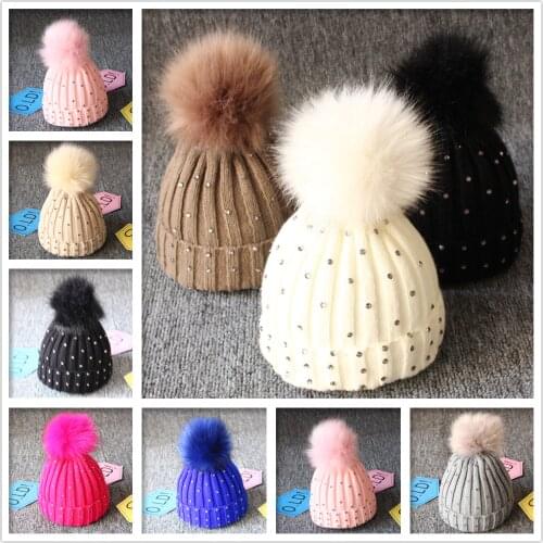 0-4Y Autumn Fashion Big Hair Ball Wool Hat Knitted Hat Casual Point Drill Childrens Winter Hat Warm Hat For Newborns Boys Cap
