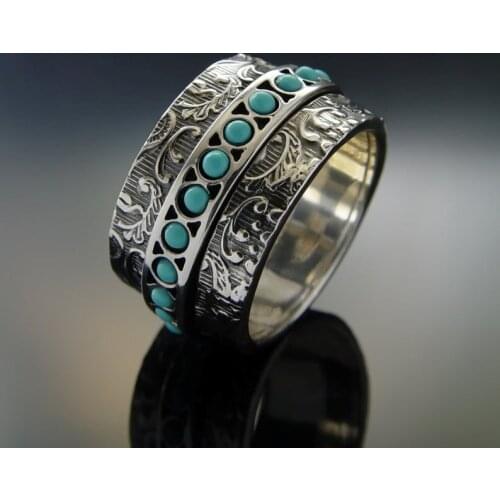 Embossed Vintage Geometric Flower Womens Ring Delicate Inlaid Blue Turquoises Rings Anniversary Holiday Gift Banquet Jewelry