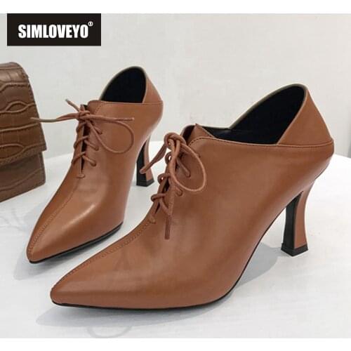 2021 New Autumn Spring Thin High Heels Pumps Pointed Toe Leather Lace Up Dress Office Lazy Slim Shoes Lady Black Yellow S2315