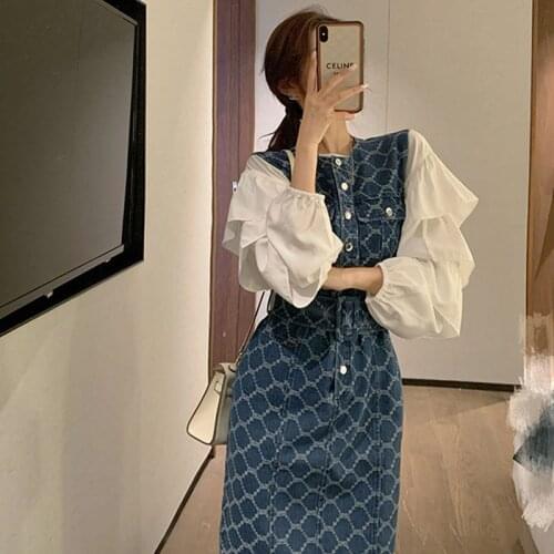 Ladies' style suit ladies' fashion ladies' temperament denim dress womens autumn and winter two piece suit waist slim medium