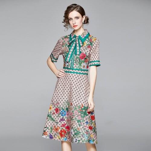 Fashion Runway Womens Summer Dress New Design Short Sleeve Turn Down Neck Lace-Up Bow Letter Floral Print Midi Dress Vestidos
