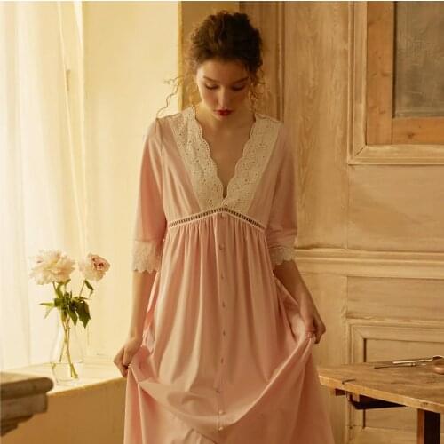 Womens Lolita Dress Pink Princess Sleepshirts Vintage Deep V Neck Nightgowns.Victorian Ladies Lace Nightdress Lounge Sleepwear