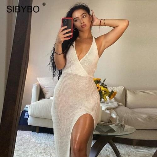 Sibybo Sexy See Through Split Long Dress Women V-Neck Backless Summer Dress Female Bandage Beach Party Suspender Dresses Vestido