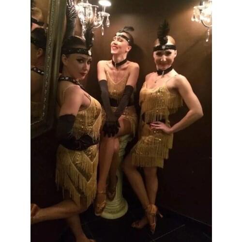 Women 1920s Vintage Great Gatsby Party Sequin Dress Sexy V-Neck Summer Cami Dress Gold Fringe Dress Vestidos Flapper Costumes