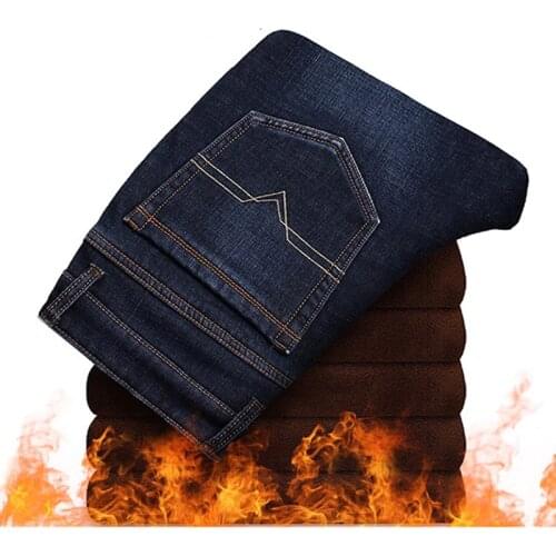 Winter Warm Pants Fleece Lined Stretch Thick Velvet Plus Size 42 Business Jeans Men