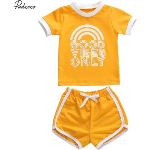 2020 Summer Kids Sport Baby Girl Clothes Letter Short Sleeve T-shirt Loose Tops+ Shorts Yellow 2pcs Outfits Set For 0-4Y