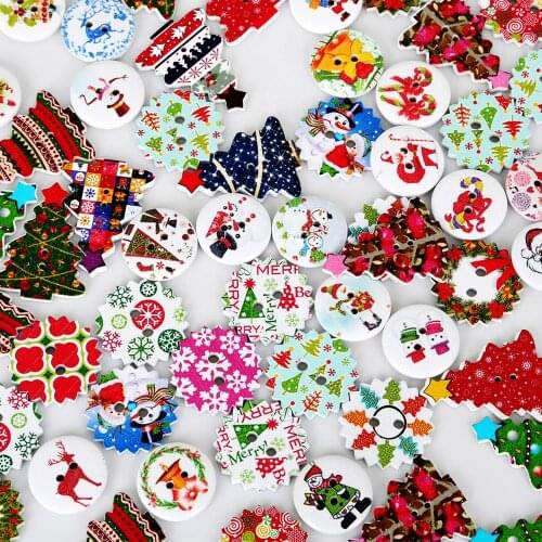 50pcs Random Mixed Christmas Decorative Wooden Buttons 2 Holes Handmade Scrapbooking For DIY Craft Supplies Sewing Accessories