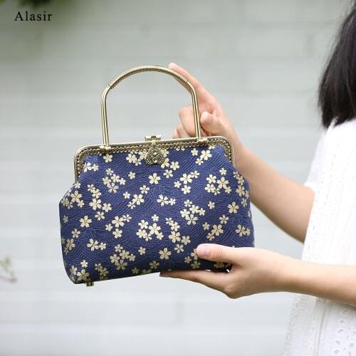 Alasir Original Handmade Bag Copper Lock Handbag Retro Women Hand Bags Cheongsam Flowers Elegant Chinese Style Small Bags