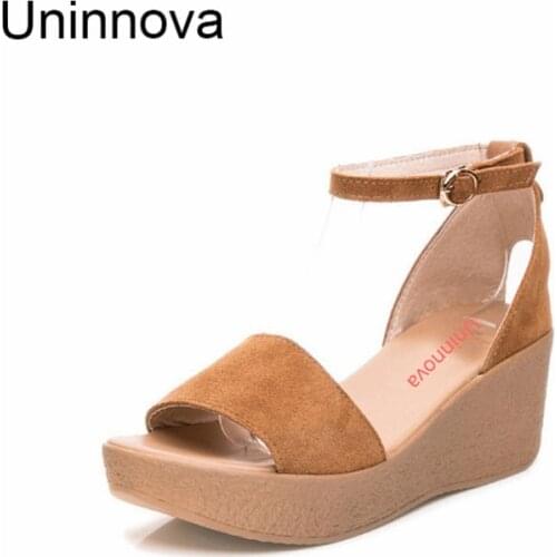 Platform Sandals Ankle Strap Wedge Heels Shoes High Heeled Sandals Uninnova Wine Black Extral Small Size 33 Plus Size 43 WSA026
