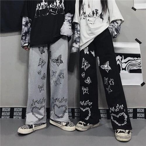 Retro Wide Leg Pants Winter Fashion 2021 New Harajuku Love Printed Pants Womens Loose Casual Korean High Waist Sports Pants