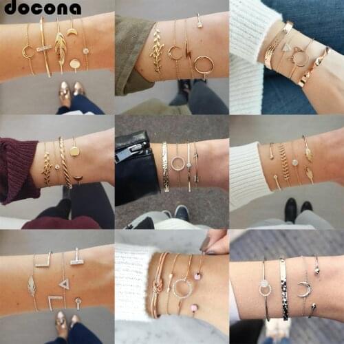 Docona Bohemia Geometric Moon Leaf Cat Hat Arrow Bracelet Crystal Knot Triangle lightning Opeing Bracelets for Women Jewelry