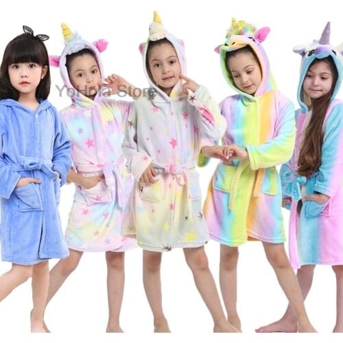Kigurumi Unicorn Animal Boys Girls Rainbow Onesie Pajamas Childrens Bathrobes Flannel Hooded Towel Robes Kids Dressing Gowns