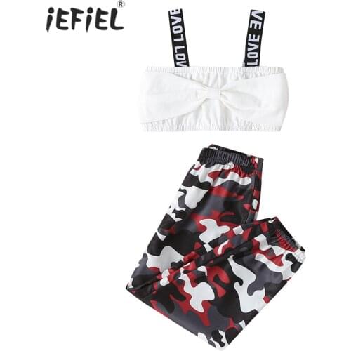 2Pcs Infant Kids Baby Girls Clothes Set Sleeveless Letter Printed Crop Tops with Camouflage Printed Long Pants Outfits