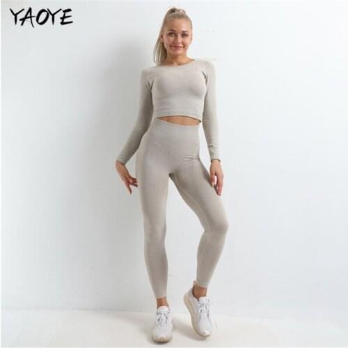YAOYE 2Pcs Long Sleeve Crop Top + High Waist Leggings Sports Suits Seamless Women Yoga Set Workout Sportswear Gym Fitness Cloth